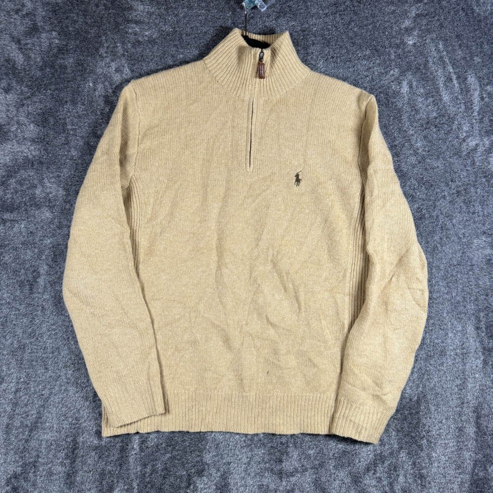 Polo Ralph Lauren Mens Small Tan Beige 100% Lambswool Quarter Zip Sweater